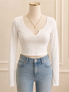 Bozzolo White Long Sleeve Crop Top Notch Neck Fitted Cotton Y2K Large